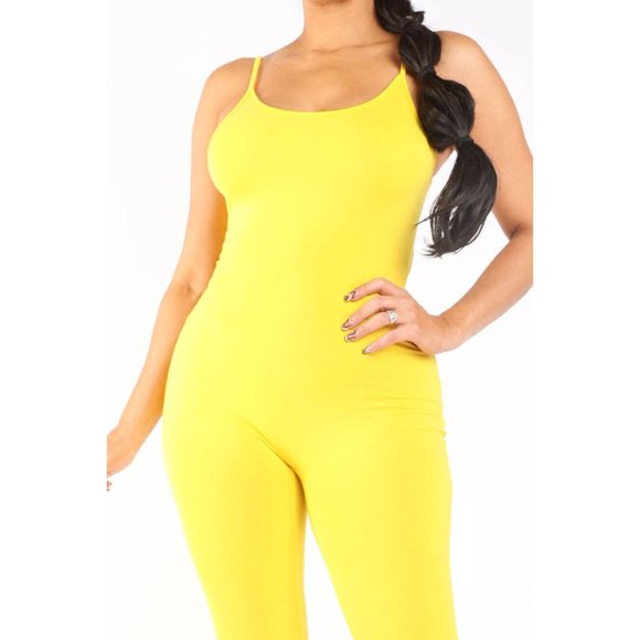 Women's Spaghetti Strap Yellow Bodycon Tank One Piece Jumpsuits Rompers S M L - Picture 2 of 9